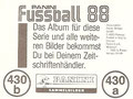 Sticker 430a/b: Rückseite Sticker; Fußball 88; Panini Bilderdienst, Tütenbilder, Planegg