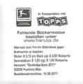 Sticker Rückseite: Variante Hanuta; Bundesliga Stars Quartett 2011; Anmerkung: In Kooperation mit Toops; Ferrero  