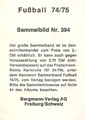 Rückseite eines Sammelbildes dieser Serie;  Fußball 74/75 Erfolgreiche Mannschaften. Beliebte Spieler; Bergmann Tütenbilder, Dortmund, Unna, Freiburg/Schweiz
