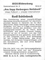 Sammelwerk Nr. 5, Bild 61: Rückseite Sammelbild: Rudi Schönbeck; "Aus Sepp Herbergers Notizbuch" Unser Fußball - wieder International; Biox Zahnpasta, Ludwigshafen 