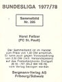 Rückseite eines Sammelbildes dieser Serie; Fußball Bundesliga 1977/1978 (Rotes Album); Bergmann Tütenbilder, Dortmund, Unna, Freiburg/Schweiz