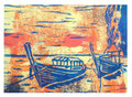 © Schidlo 2014; Boote am Hafen; Linolschnitt auf farbigem Grund