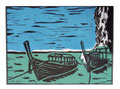 © Schidlo 2014; Boote am Hafen; farbiger Linolschnitt
