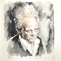 Philosoph Portrait Jacques Derrida in Perfekter Tuschezeichnung von Cecily Park 