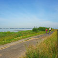 Heading up the Elbe river towards Hamburg on rented bicycles