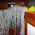 Drying the sails and ropes inside the boat (due to the weather)