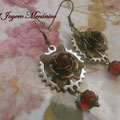 PF034 flor bronce, engranaje plateado y cristal swarovski y checo PF035 camafeo flor resina, largo 5,7cm