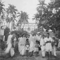 Pyarelal Nayar, Dr. Sushila Nayar, Mahatma Gandhi (from left) and others going for prayer at Khadi Pratishthan, Sodepur, 24 Parganas, Calcutta, November 1946.