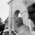 Mahatma Gandhi at a prayer meeting in front of Rungda House at Mumbai, c. September 1944; left: Gandhi's secretary Pyarelal Nayer.