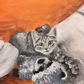 Katze mit Kuscheltier, 20 x 30 cm in Acryl, VERKAUFT