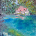 Der Blautopf - Landschaftsdarstellung des Blautopfes in Blaubeuren mit Spieglungen in Öl  - Maße: 70 x 50 cm