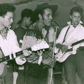 EDU SCHALK en THE BLUE JEANS (Carnaval Breda, feb. 1959) vlnr: Jan van Haasen - Marcel Vodegel - Edu Schalk - Ruud Stormer (fotocollectie: Edu Schalk)