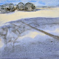  'Wandeling in de duinen'#2, 2013/ aquarelverf, pigment, houtskool op houtplankje, 21,5x20cm