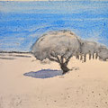  'Wandeling in de duinen'#1, 2013/ aquarelverf, pigment, houtskool op houtplankje, 21,5x20cm