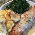 Seelachsfilet mit Sahnesoße Kartoffelgratin und Blattspinat 