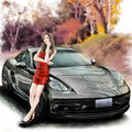車絵イラストと女性