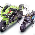 2台のカワサキバイクの手描きイラスト