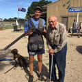 2022 02 13 Simon Hore and his dog Remy showing Ernie Williams the Winchester Pigeon Grade that Simon bought from Ernie in 1977.