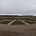 2021 09 29 Ground 3 top soil & grass seeds laid. Note that this pic is in panorama format, so the foreground is distorted. The gravel path closest to camera is actually straight and runs parallel to the old log fence.