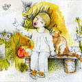 Мальчик и кошка: тушь, анилиновые краски, акварель, 29 х 21 см / The boy and the cat: ink, aniline dyes, watercolor, 29 x 21 cm