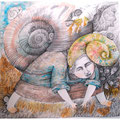 Збирачка равликів / Collector of snails: бумага, тушь, гуашь, авторская техника 60 х 60 см./ paper, ink, 60 x 60 cm