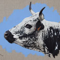 Perle - Acrylique sur toile - 50 x 40 cm - 2024<br><br>Peinture vache . vache vosgienne . toile . peinture animalière . peintre animalier . race vosgienne