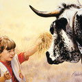 Fanny et Tache de Lune - Acrylique sur toile pour la couverture de la brochure de "Bienvenue à la ferme dans les Vosges" - 61 x 46 cm - 1996<br><br>Peinture vache . dessin vache . vache vosgienne . toile . peinture animalière . peintre animalier