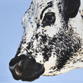 Dans l'Oeil de la Vosgienne - Acrylique sur toile - 100 x 70 cm - 2009<br><br>Peinture vache . vache vosgienne . toile . peinture animalière . peintre animalier . race vosgienne