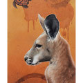 Australia, terre brulée - Acrylique sur panneau médium brulé - 28 x 38 cm- 2020<br><br>Peinture . peintre animalier . artiste peintre . peinture animalière . animal . kangourou . arborigène