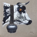 Darling - Acrylique sur toile de lin écru - 50 x 50 cm - 2016<br><br>Peinture vache . vache vosgienne . toile . peinture animalière . peintre animalier . race vosgienne