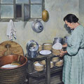 Chambre à fromages - Acrylique sur toile - 61 x 46 cm - 2013<br><br>Peinture . artiste peintre . peinture paysanne . femme . portrait . paysanne . munster