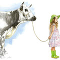 Sans titre - Visuel de la Foire à la Vosgienne (Saulxures-sur-Moselotte 88) - Encre couleur réhaussée de crayon noir sur papier - 2013<br><br>Dessin vache . vache vosgienne . toile . peinture animalière . peintre animalier . race vosgienne . enfant