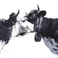 Confidences - Acrylique sur toile - 80 x 100 cm - 2019<br><br>Peinture vache . vache vosgienne . toile . peinture animalière . peintre animalier . race vosgienne