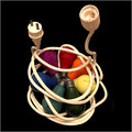 Lederobjekt "Regenbogenschlange", eingenähte Glühbirnen und eingenähtes Kabel mit Lampenfassung und Stecker, in Regenbogenfarben, weiß silber und gold
