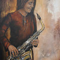 "dochter met saxofoon" - 2023 - acryl op doek 60 x 80 - opdracht