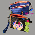 VENDIDA * Riñonera- Bum Bag - Belt Bag - Inspirado en Frida Kahlo y sus corona de flores, colores y detalles vivos. material negro sintetico y tela Azul Scuba. Modelo único. Precio 