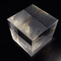 'introvert 2' engraved gilded optical crystal cube. pink silver leaf 10cms