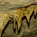 Stalactites hanging from the ceiling. Almost all of them with drops of water.