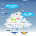 雷雲の中で電子が加速されガンマ線が生じる様子。