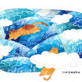 「青空と雲と2匹のネコたち」128×179㎜/水彩ほか