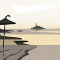 Abendstimmung am Meer, Sonnenschirme, Mallorca, Vektor Illustration, www.akiroell.de