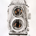 Vintage Doppeläugige Spiegelreflex, Fotoapparat, Kamara, Rollop, Tusche Zeichnung, Illustration, www.akiroell.de