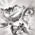 Bike, Motorrad, Mountains, Berge, Landcape, Layout, Zeichnung, Skizze, Skribble, www.akiroell.de