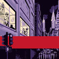 Illustration. Schwarze Zeichnung auf Violett-Tönen mit zartem Gelb: eine Straßenschluckt in Manhattan, nachts. Blick auf die erleuchteten Fenster eine Kunstgalerie, in der sich mehrere Personen aufhalten.  