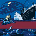 Illustration. Schwarze Zeichnung in Blautönen hinterlegt. Im Hintergrund die sinkende Titanic und der berüchtigte Eisberg, im Vordergrund mehrere Passagiere, die die Figuren aus dem Spiel sind, in einem Rettungsboot. 