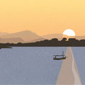 Sonnenuntergang am Meer, Fischerboot, Mallorca, Vektor Illustration, www.akiroell.de