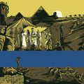 Illustration. Schwarze Zeichnung in grau-gelb-grün-Tönen. Eine Szene in Ägypten, Archäologie-Team bei einem Zelt im Vordergrund, im Hintergrund Pyramiden und eine Kamel-Karawane.
