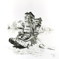Turnschuh, Sneaker, Hausboot, Tusche Zeichnung, Illustration, www.akiroell.de