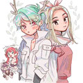 ゆみはるちゃん宅の有沙ちゃん＆メアリちゃんと拙宅の門番！ツンとしたﾋﾞｼﾞｭﾜﾙの女子ふたり……色味がたいへんかわいくて♡ザカザカした塗りの筆致もたまらなくて……♡　胸囲にガーンしてるメアリちゃんも萌。