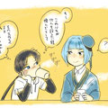 かいの氏画のミケ丸とシイカ…　「聴く人を異常なまでに感化させてしまう歌声」って、使い方次第では…という話で……このシイカ両手でコップ持っててかわいい
